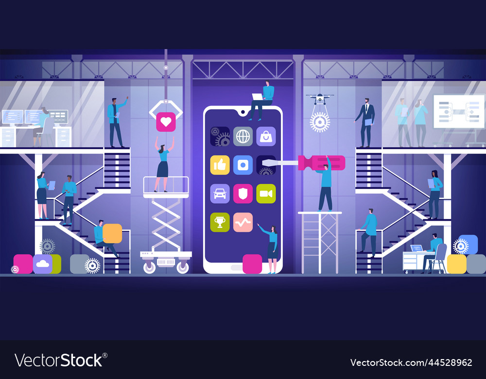 Mobile app development concept with characters vector image Mobile app development concept with characters