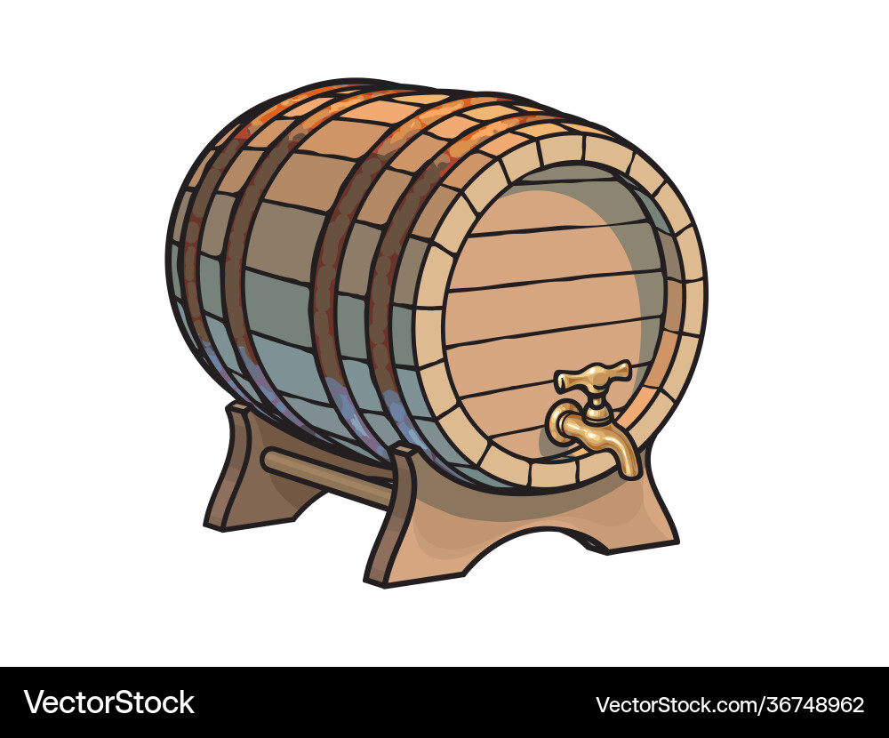 Old wooden barrel with tap on stand three Vector Image