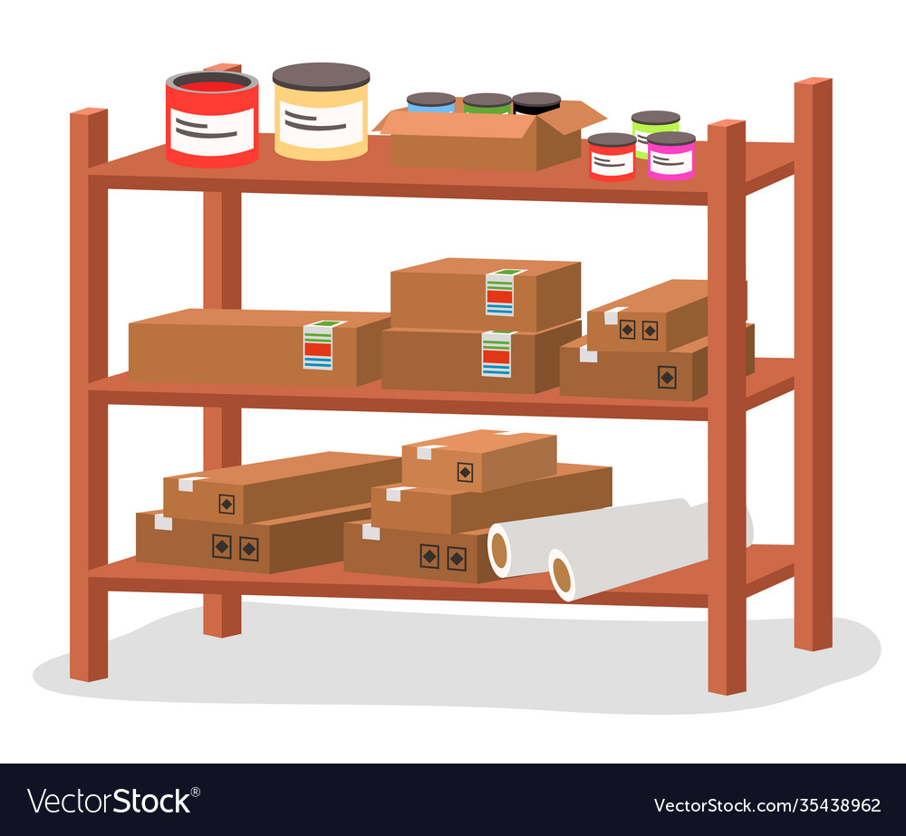Racks with boxes and color containers cans