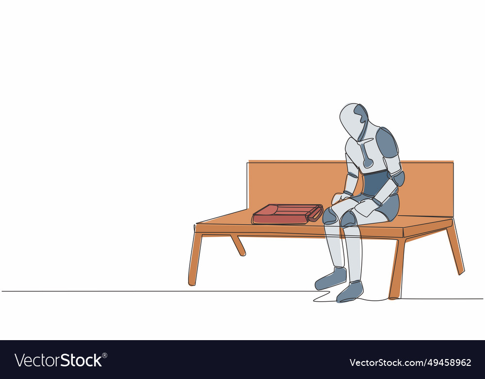 Single continuous line drawing robot sit at bench vector image Single continuous line drawing robot sit at bench