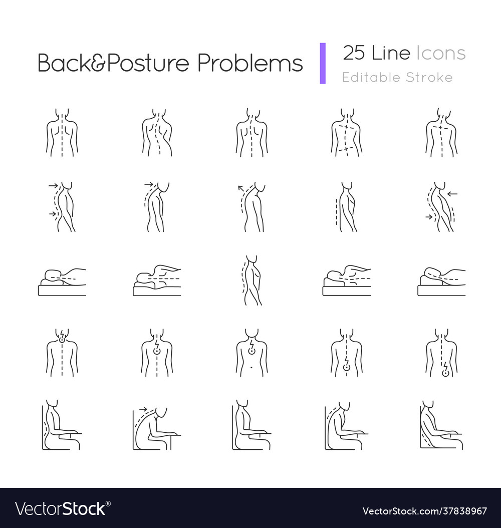 Back and posture problems linear icons set Vector Image Back and posture problems linear icons set