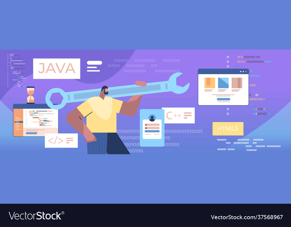 Man programmer holding wrench developer optimizes vector image Man programmer holding wrench developer optimizes
