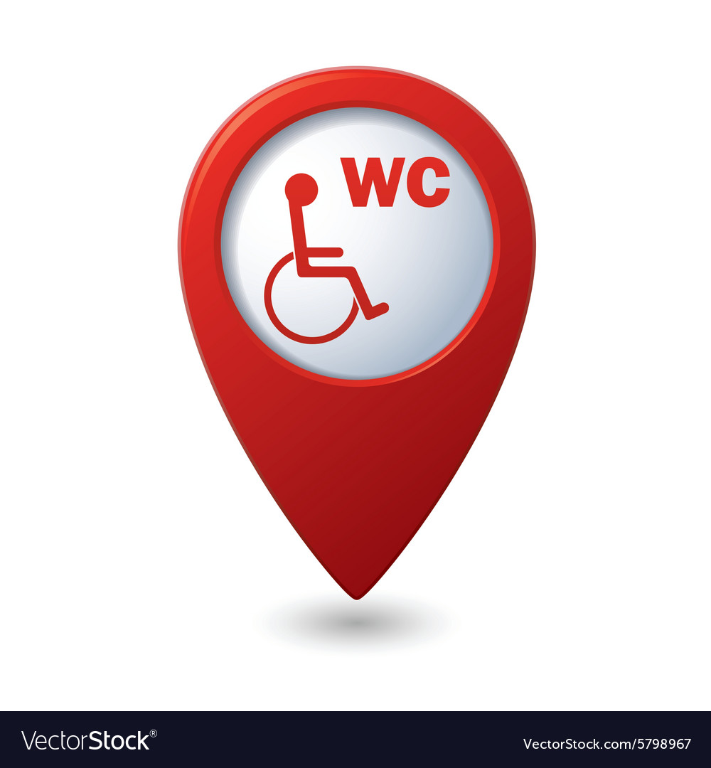 Red map pointer with restroom icon