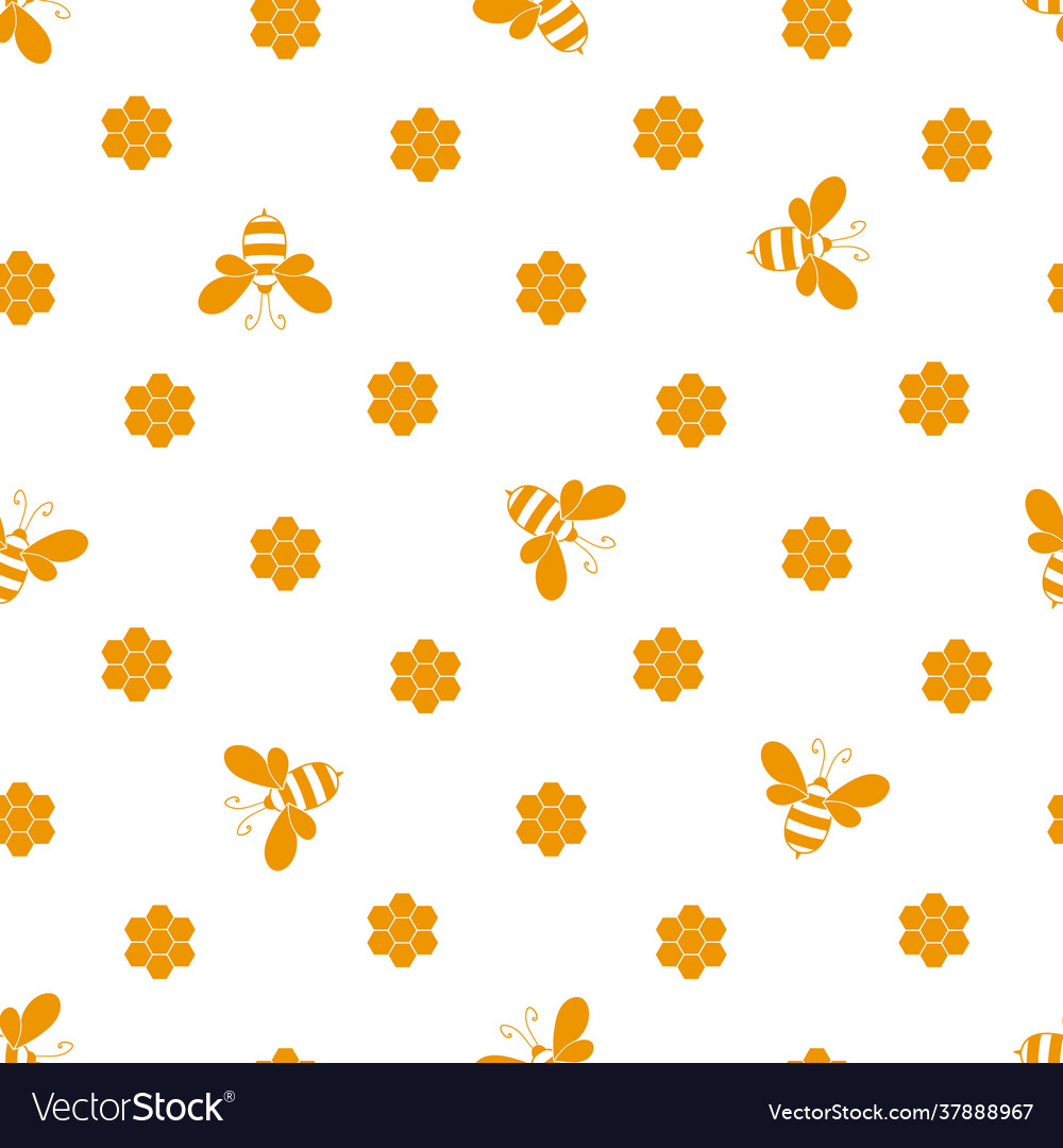 Seamless pattern with bees and honeycombs on white