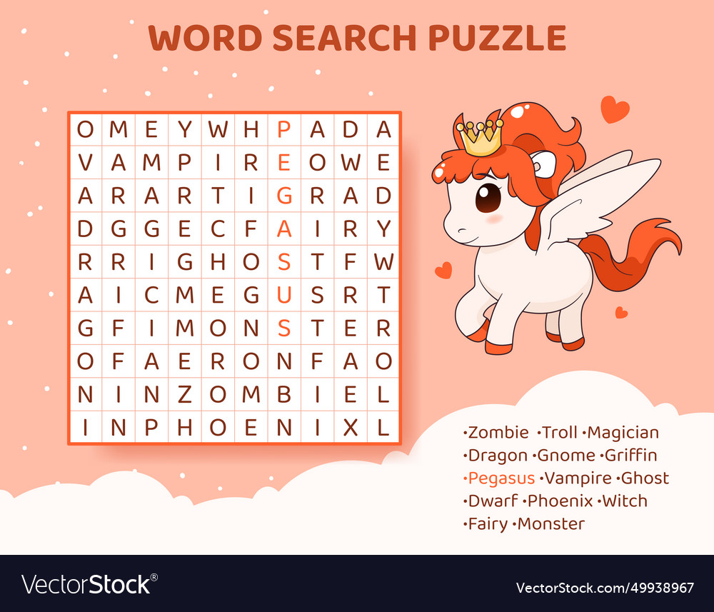 Word search puzzle with magical creatures