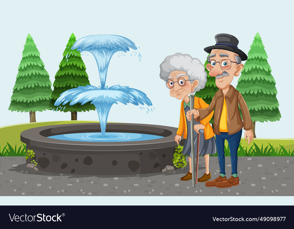 Elderly couple walking with stick in park