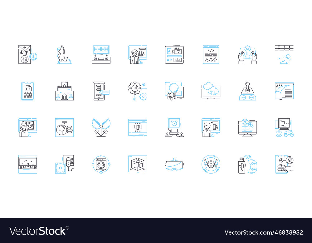 Computer play linear icons set gaming streaming vector image Computer play linear icons set gaming streaming