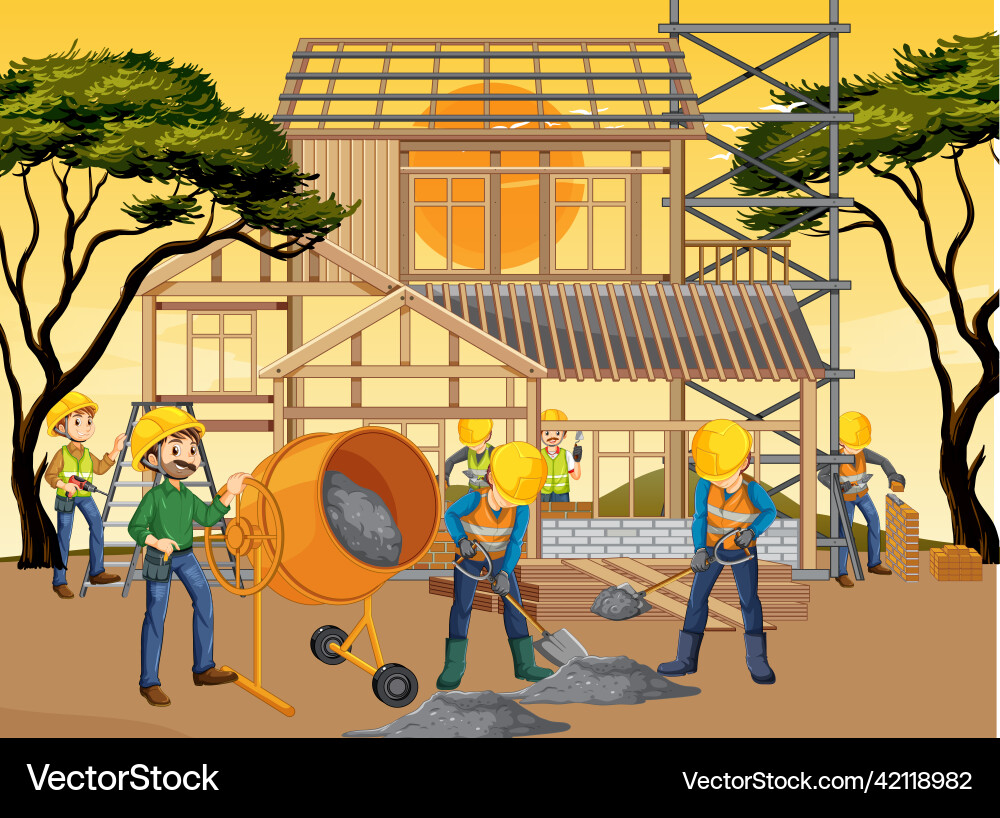 Construction site with workers Royalty Free Vector Image
