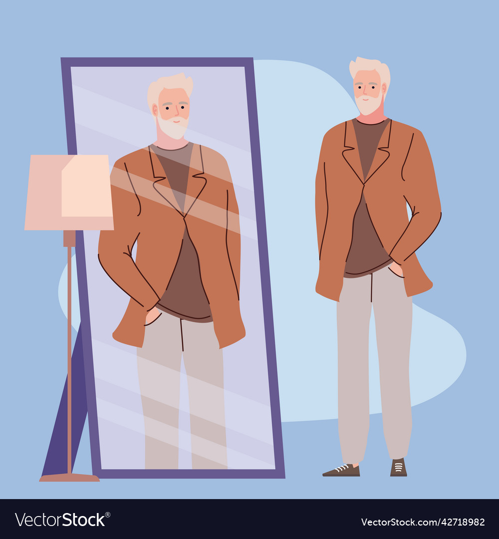 Old man modeling with mirror