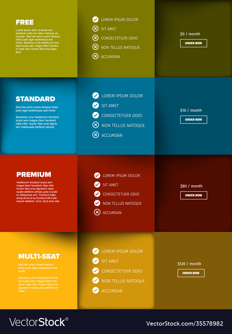 Products versions feature and price list table Vector Image Products versions feature and price list table