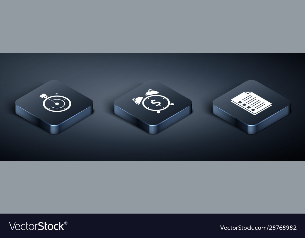 Set isometric briefcase file document and alarm vector image Set isometric briefcase file document and alarm