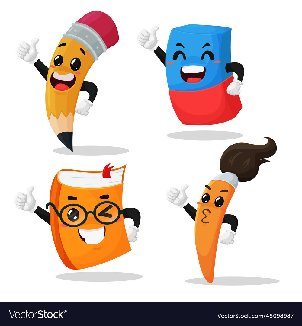 Cartoon characters pencils erasers notebooks Vector Image