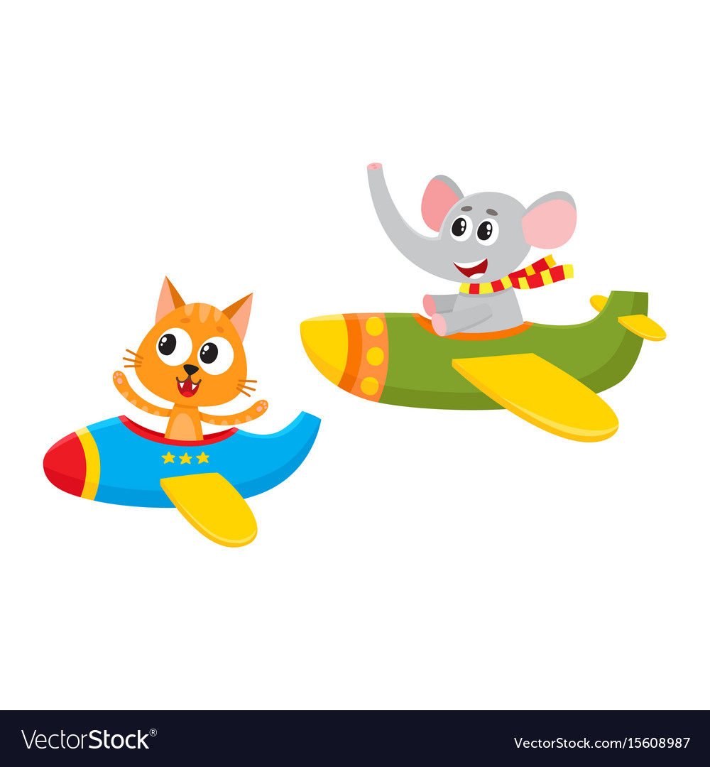 Funny animal pilot characters flying on airplane