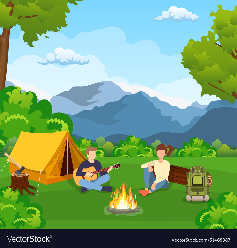 Group young people are sitting around campfire Vector Image