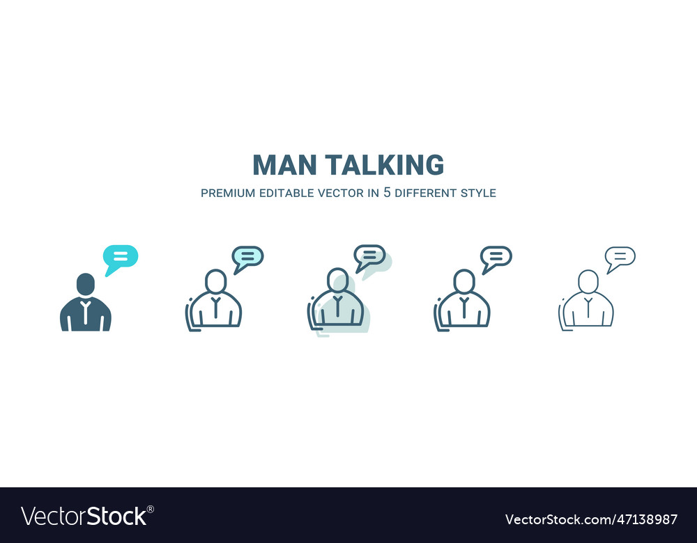 Man talking icon in 5 different style outline vector image Man talking icon in 5 different style outline
