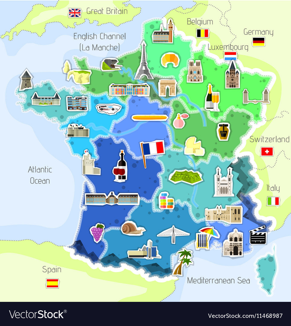 Map france with landmarks Royalty Free Vector Image