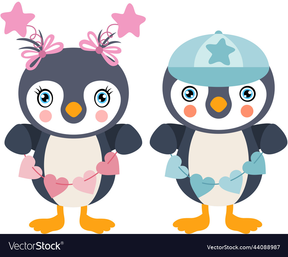 Pink and blue baby penguin holding string heart Vector Image