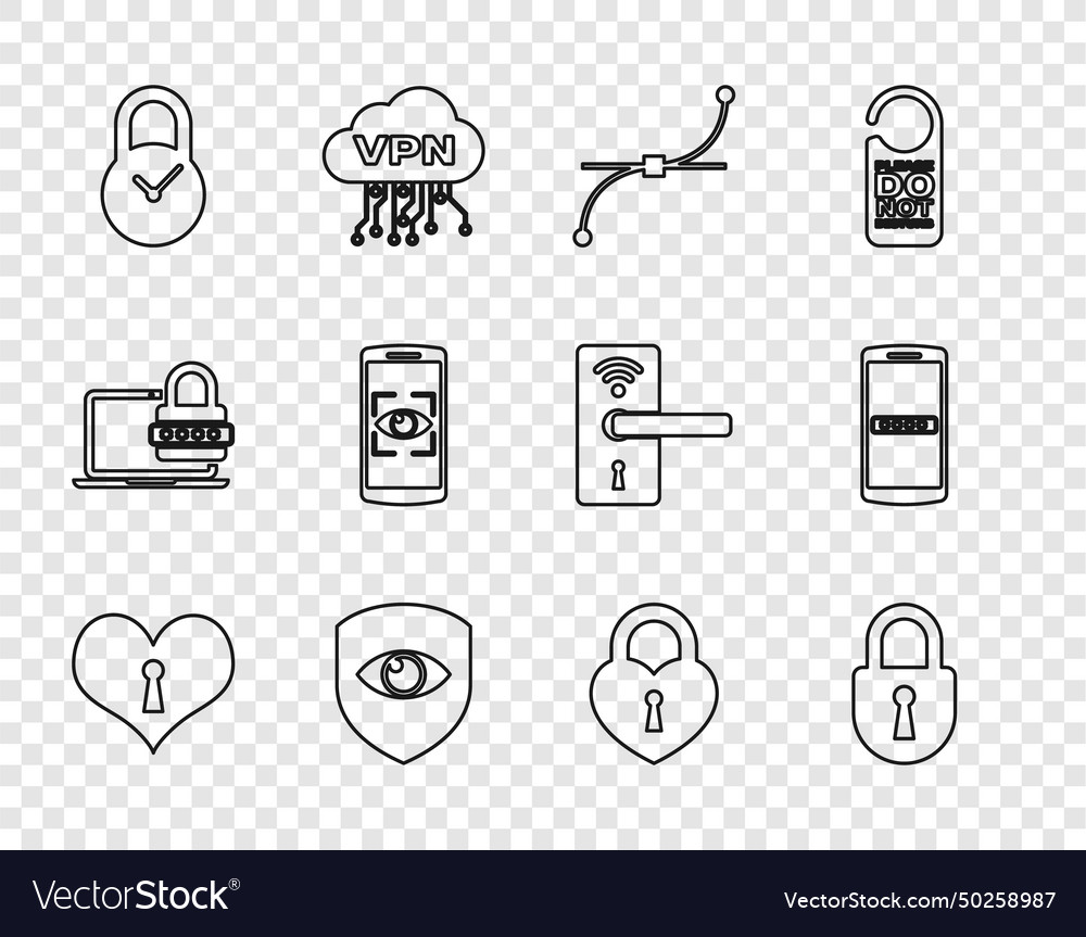 Set line heart with keyhole lock bezier curve