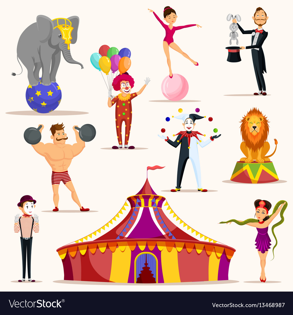 Strong man and circus tent meme artist clown Vector Image