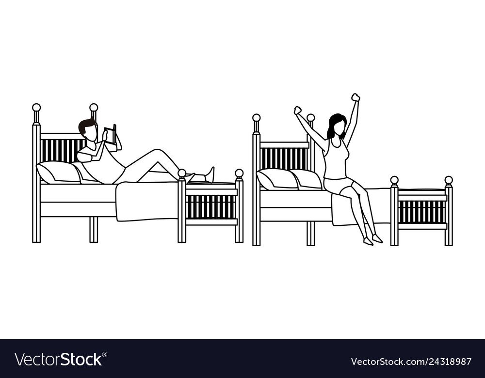 Twin bed dormitory and faceless people in black