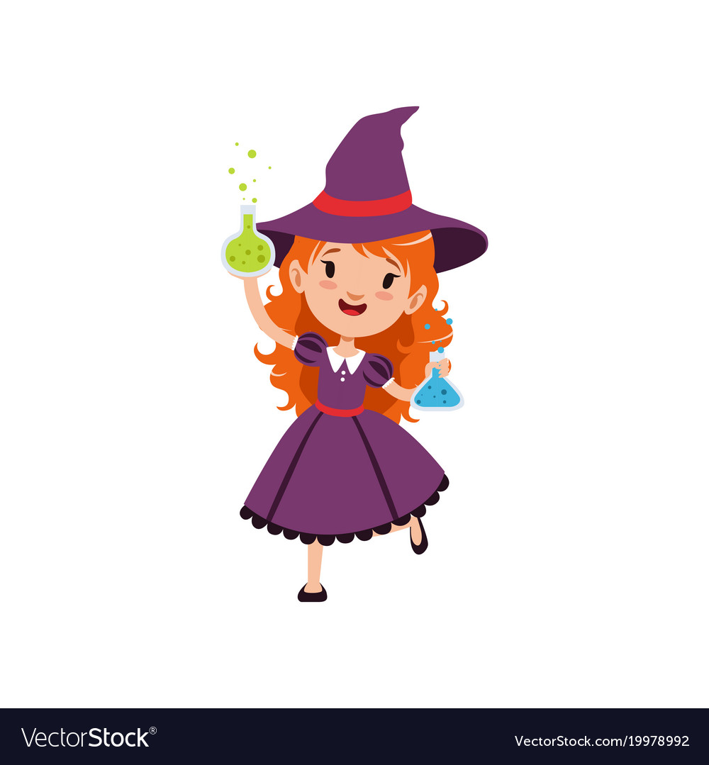 Small red-haired girl witch standing with glass