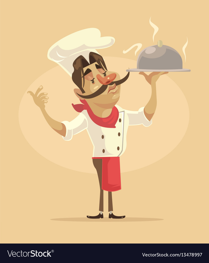 Chef man character hold dish Royalty Free Vector Image