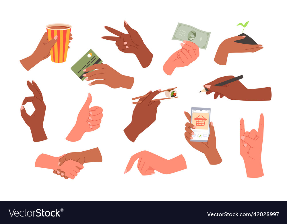 Hands set with different stuff and show diverse vector image Hands set with different stuff and show diverse
