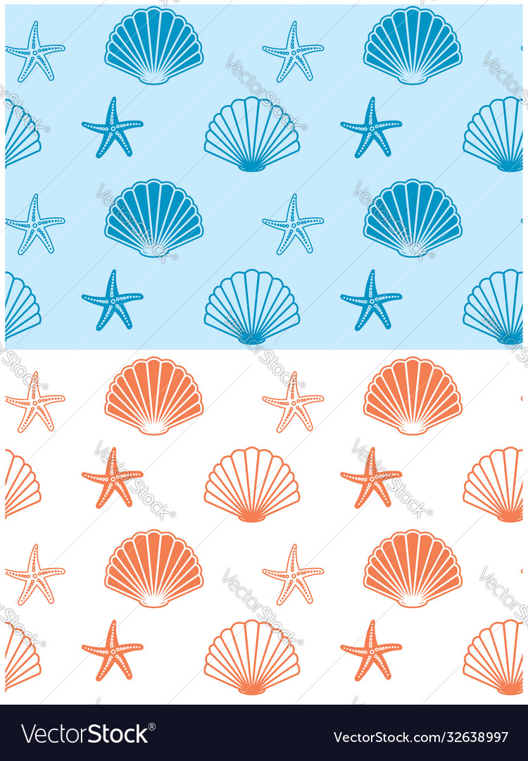 Seamless patterns with seashells and starfish