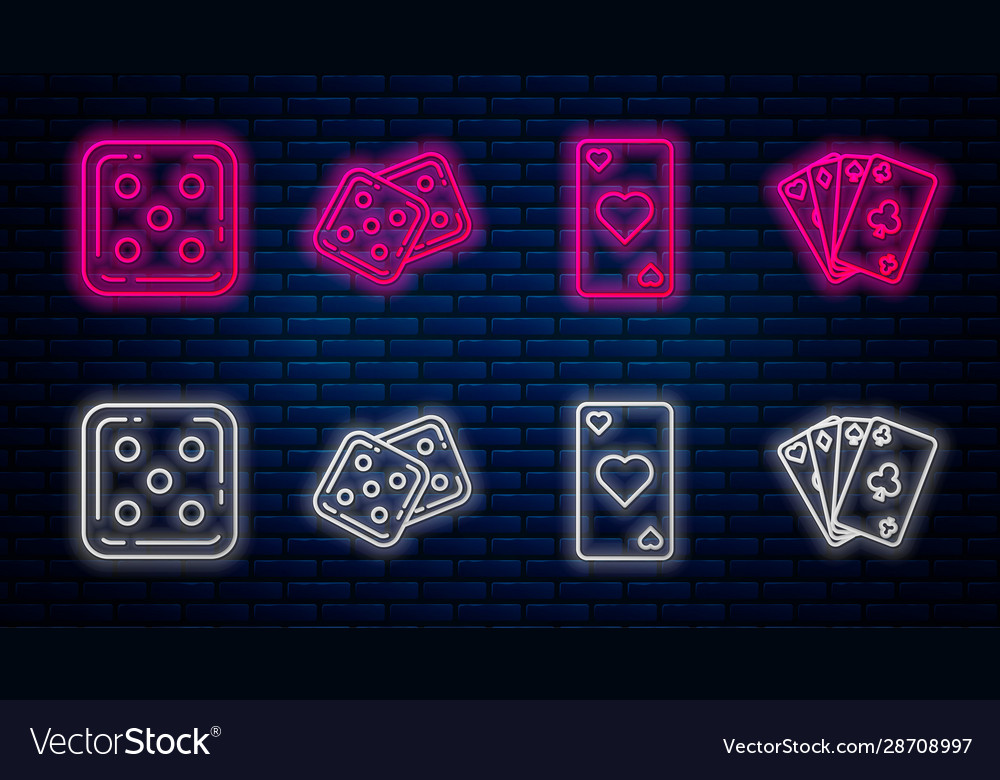Set line game dice playing card with heart symbol