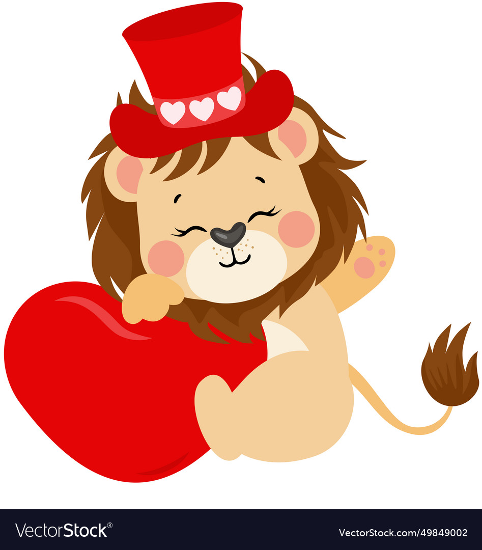 Adorable lion with red heart