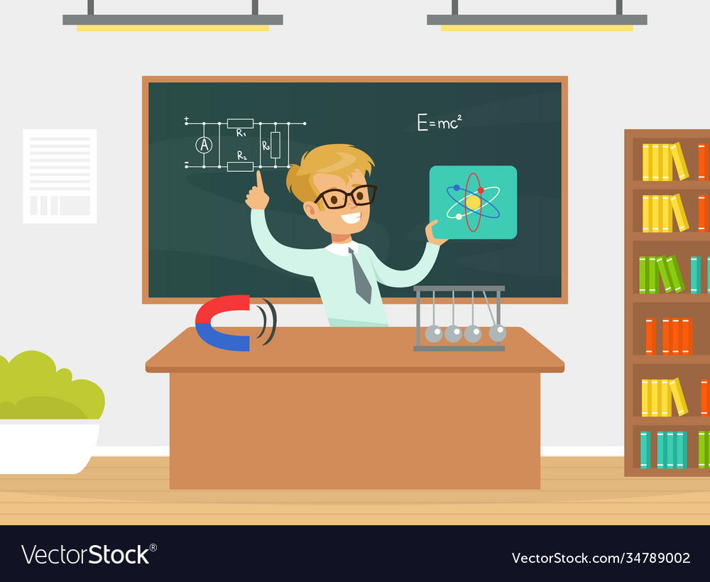 Boy physicist scientist character explaining vector image Boy physicist scientist character explaining