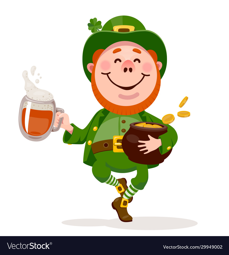 Leprechaun dancing with a beer and pot gold Vector Image