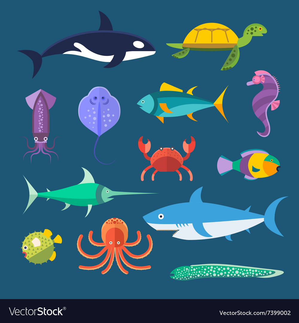 Set of sea marine fish and animals