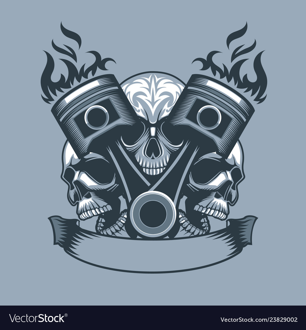 Two burning pistons on three skulls background Vector Image