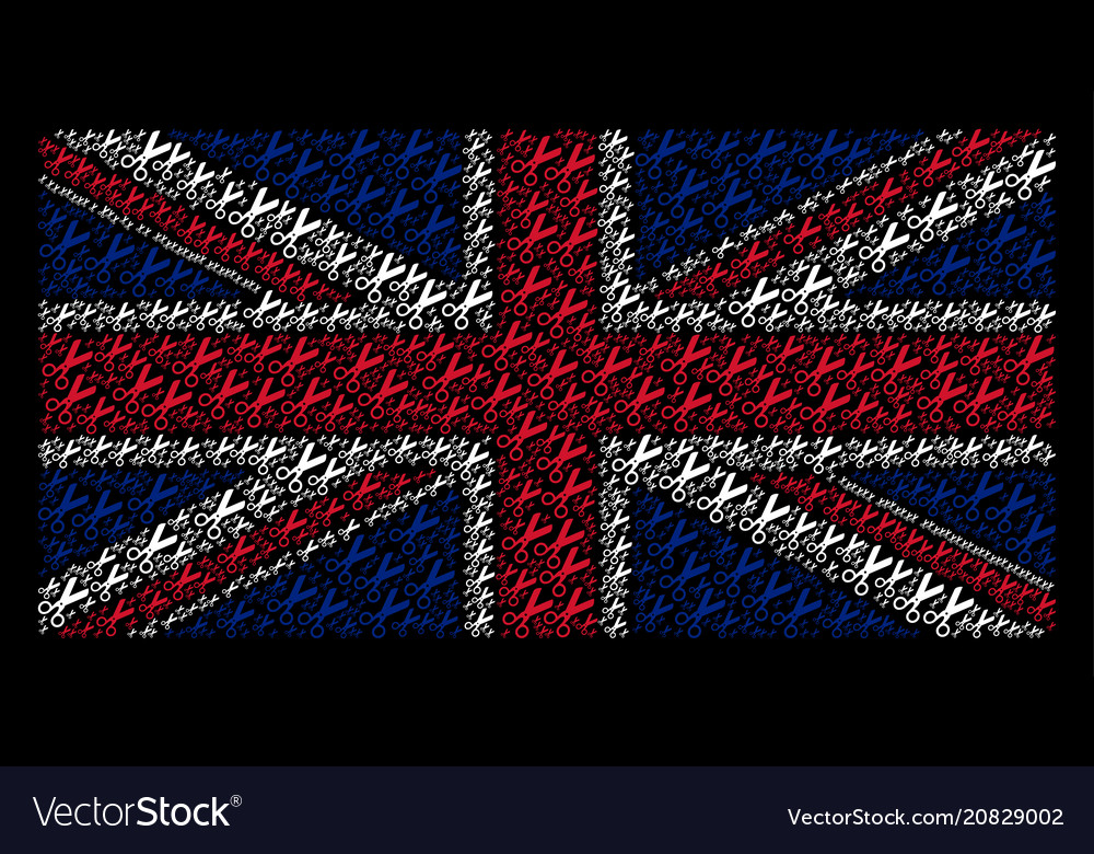 Uk flag pattern of scissors icons vector image Uk flag pattern of scissors icons