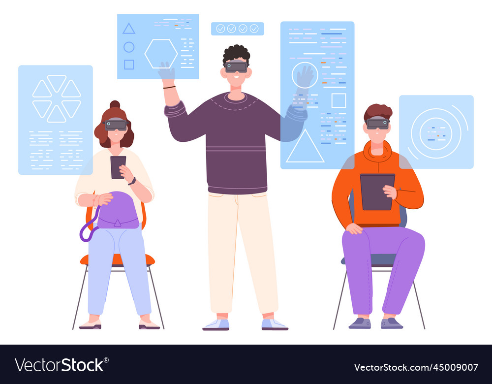 Futuristic workspace people working with data vector image Futuristic workspace people working with data