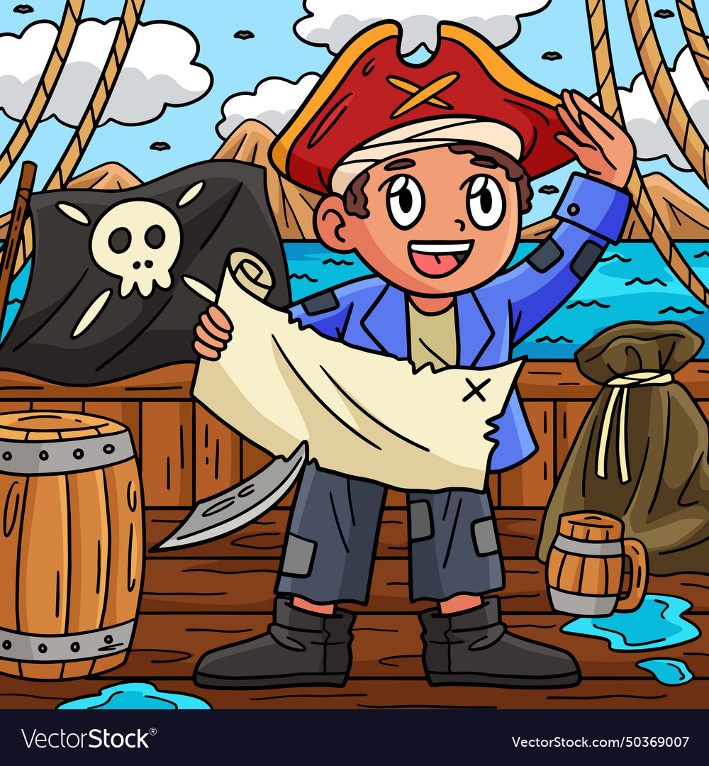 Pirate with treasure map colored cartoon