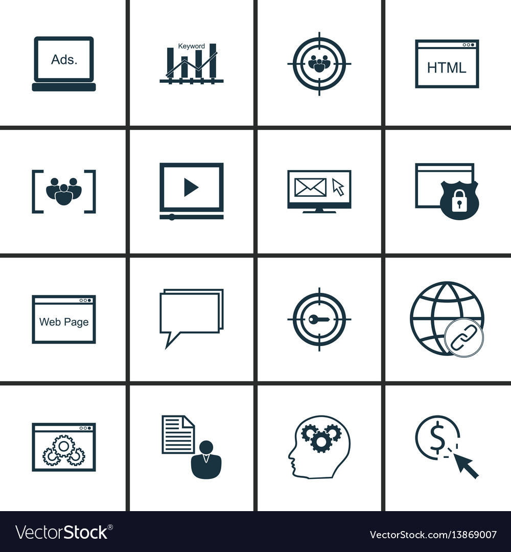 Set of 16 seo icons includes keyword marketing