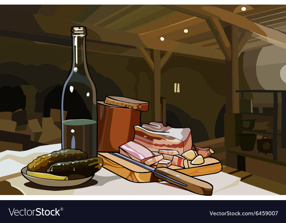 Table with bacon and cucumber a bottle