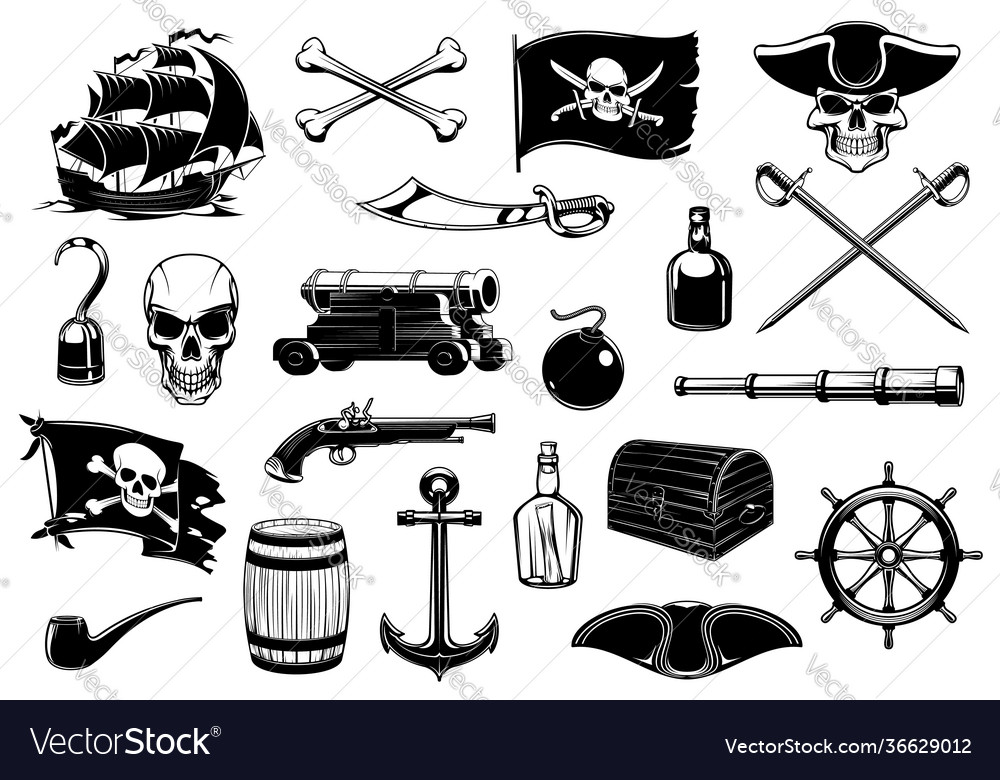 Pirate icons skull chest treasure map and ship Vector Image