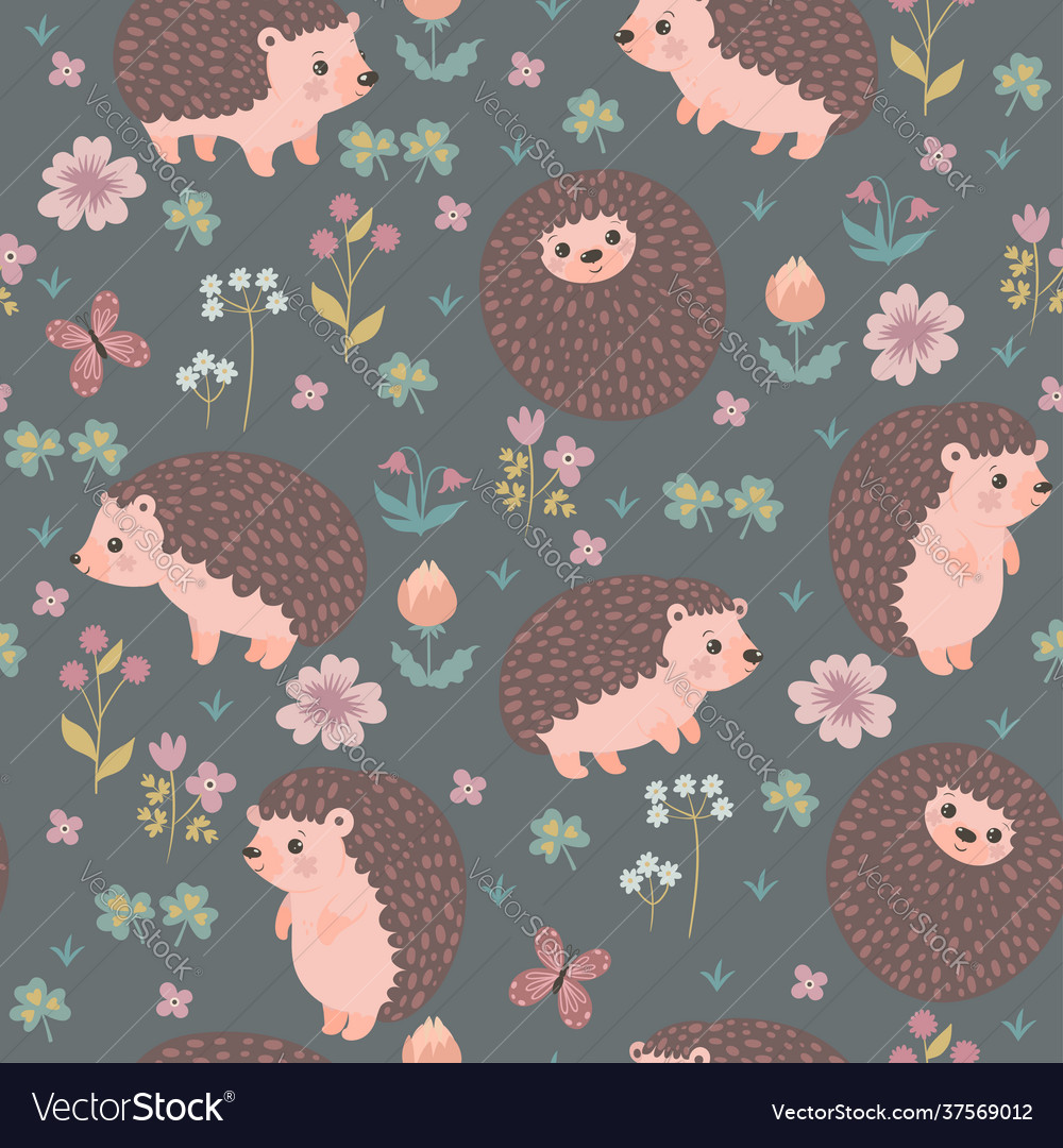 Seamless pattern with cute hedgehogs and flowers