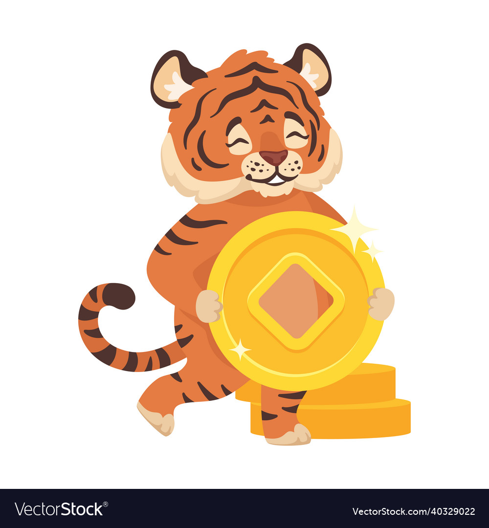 Cute tiger with golden square-holed chinese coins