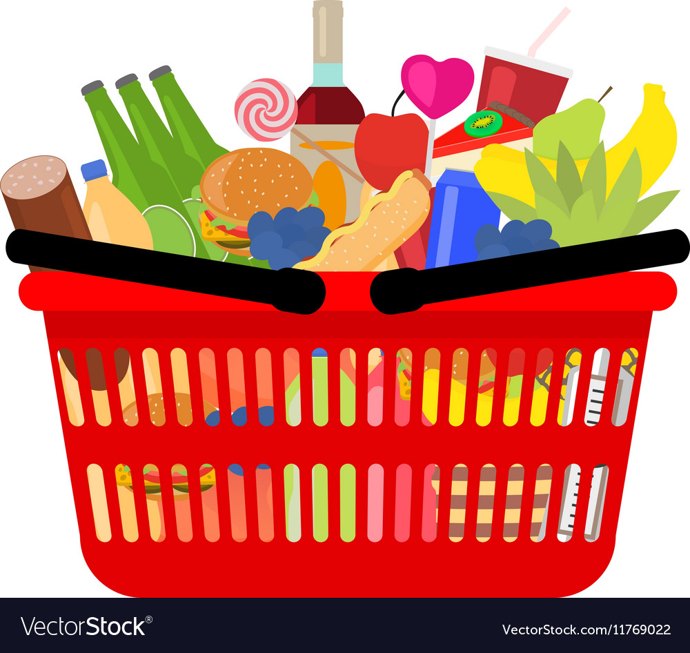 Market shopping basket full food and drink Vector Image