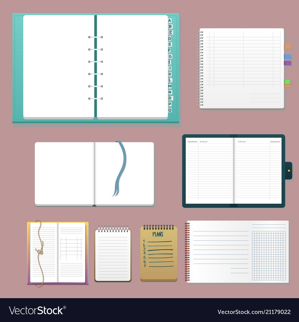 Set of open realistic notebooks with pages diary vector image Set of open realistic notebooks with pages diary