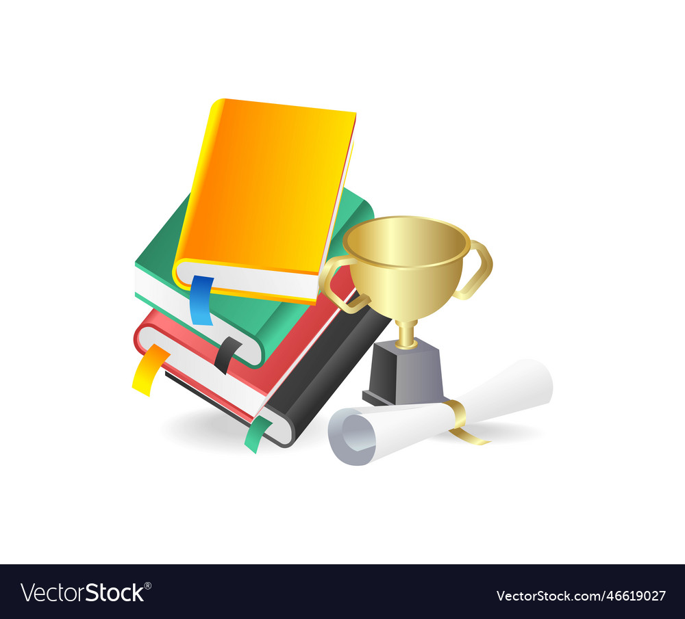 3d isometric concept of pile books and trophies