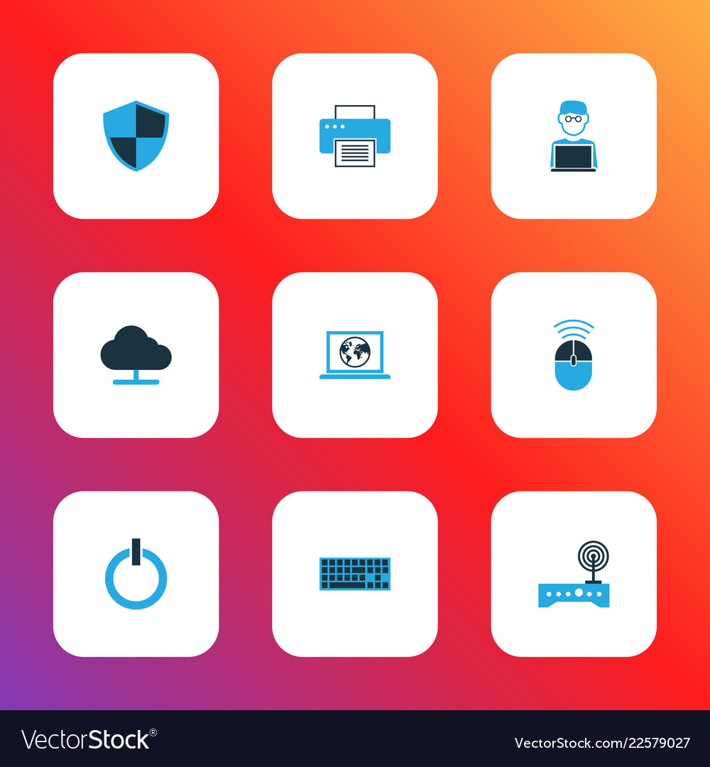 Computer icons colored set with printer internet vector image Computer icons colored set with printer internet