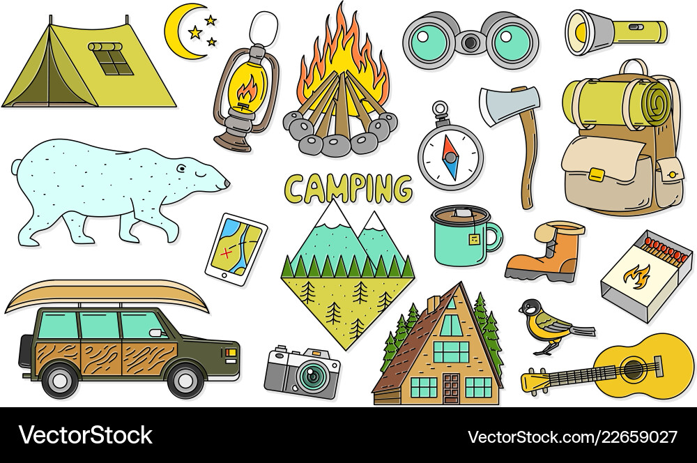 Set cute camping elements equipment in forest Vector Image