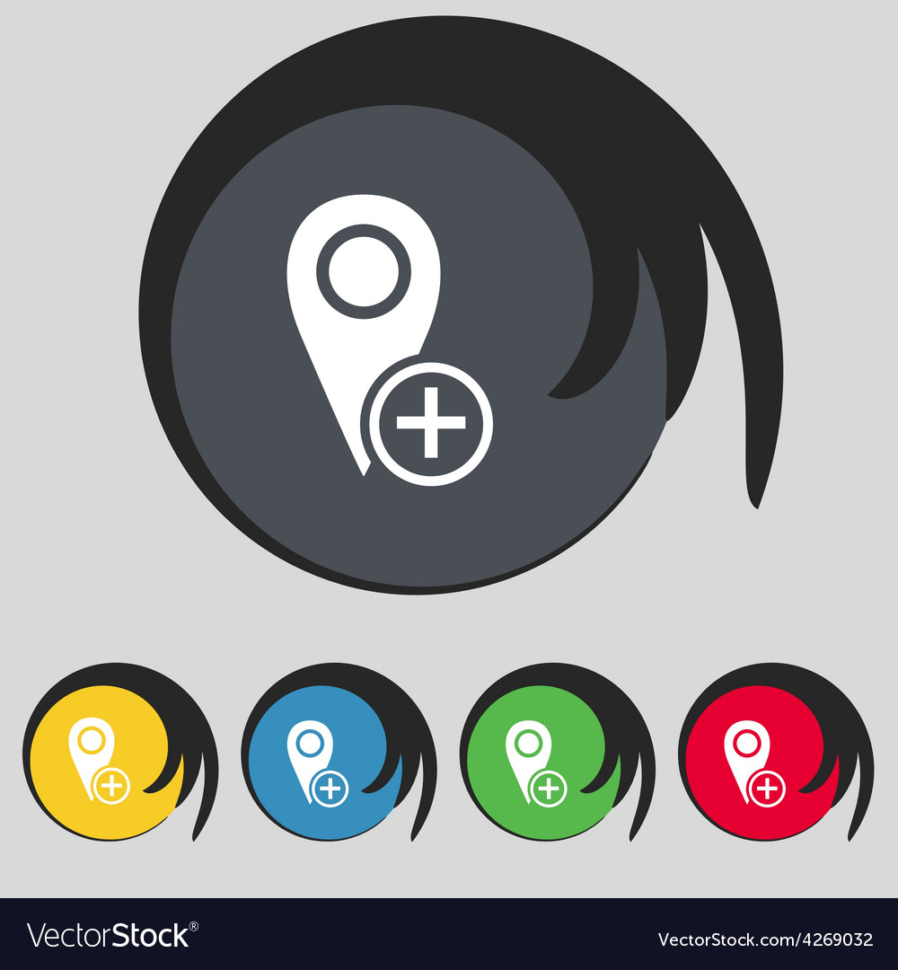 Map pointer icon sign symbol on five colored