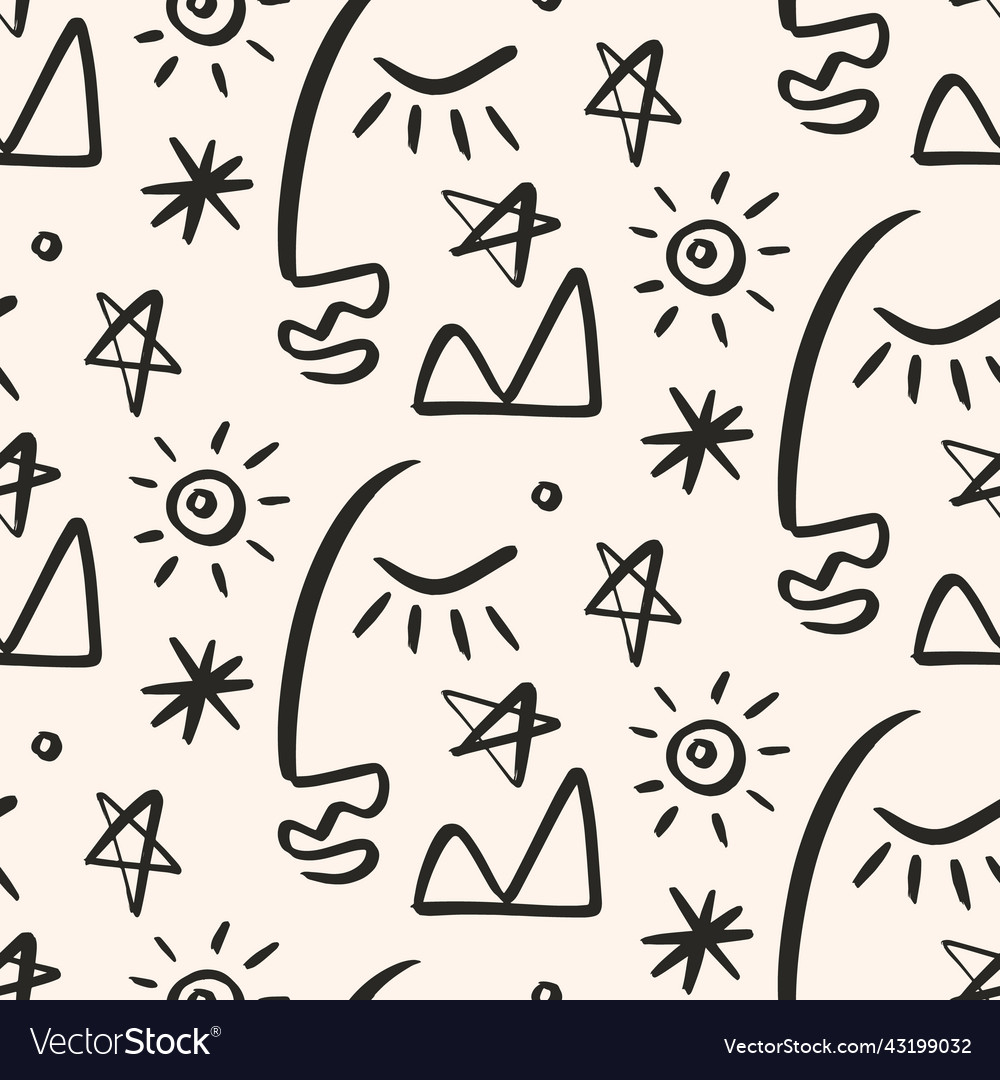 One line drawing abstract face seamless pattern