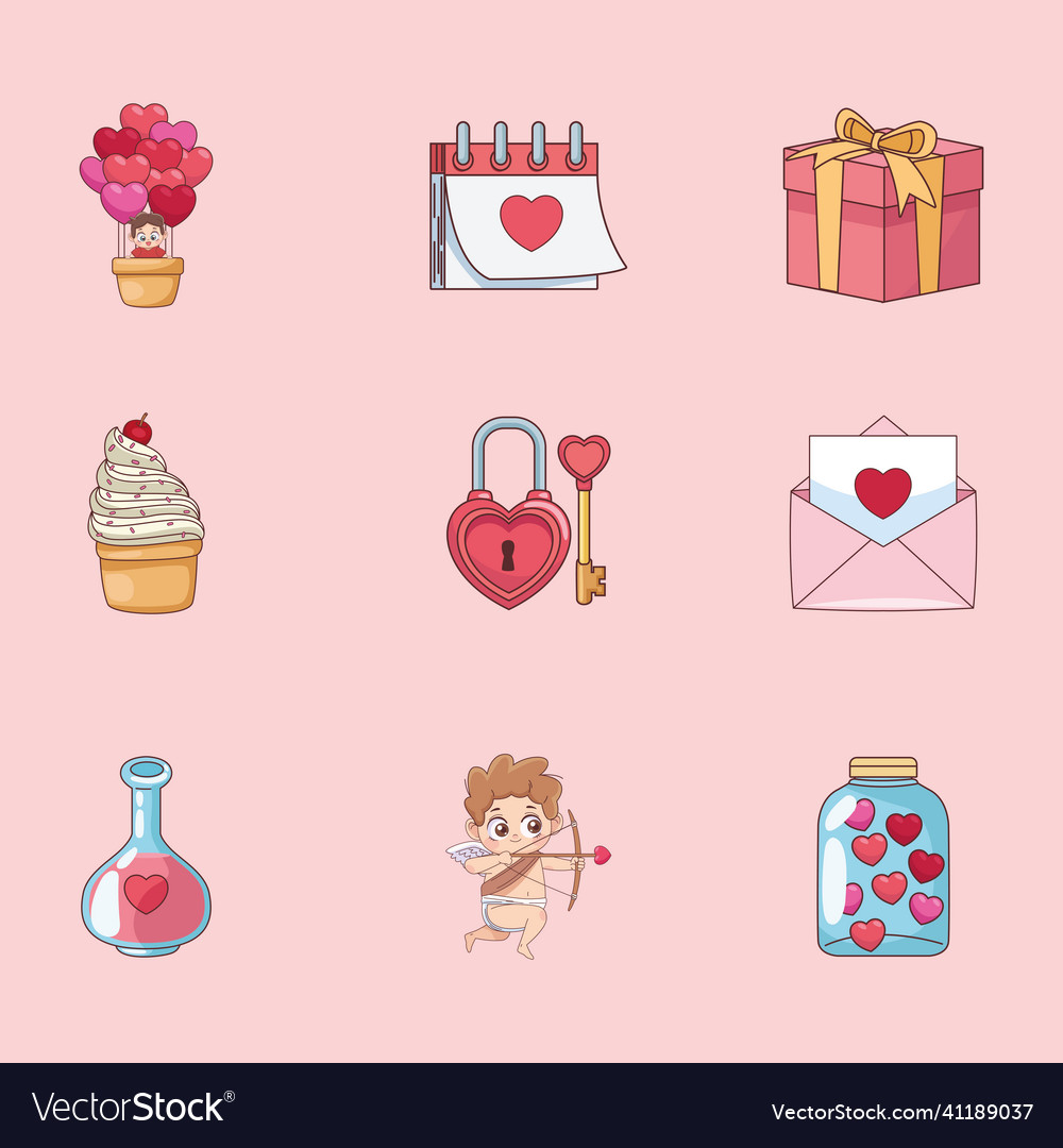 Nine valentines day icons Royalty Free Vector Image